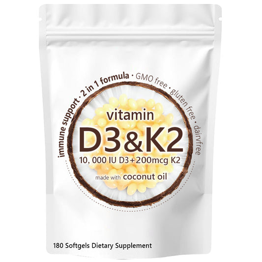 Vitamin D3 10,000 IU & K2 200 mcg with Coconut Oil | High-Potency Softgels