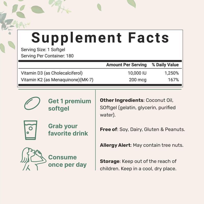 Vitamin D3 10,000 IU & K2 200 mcg with Coconut Oil | High-Potency Softgels